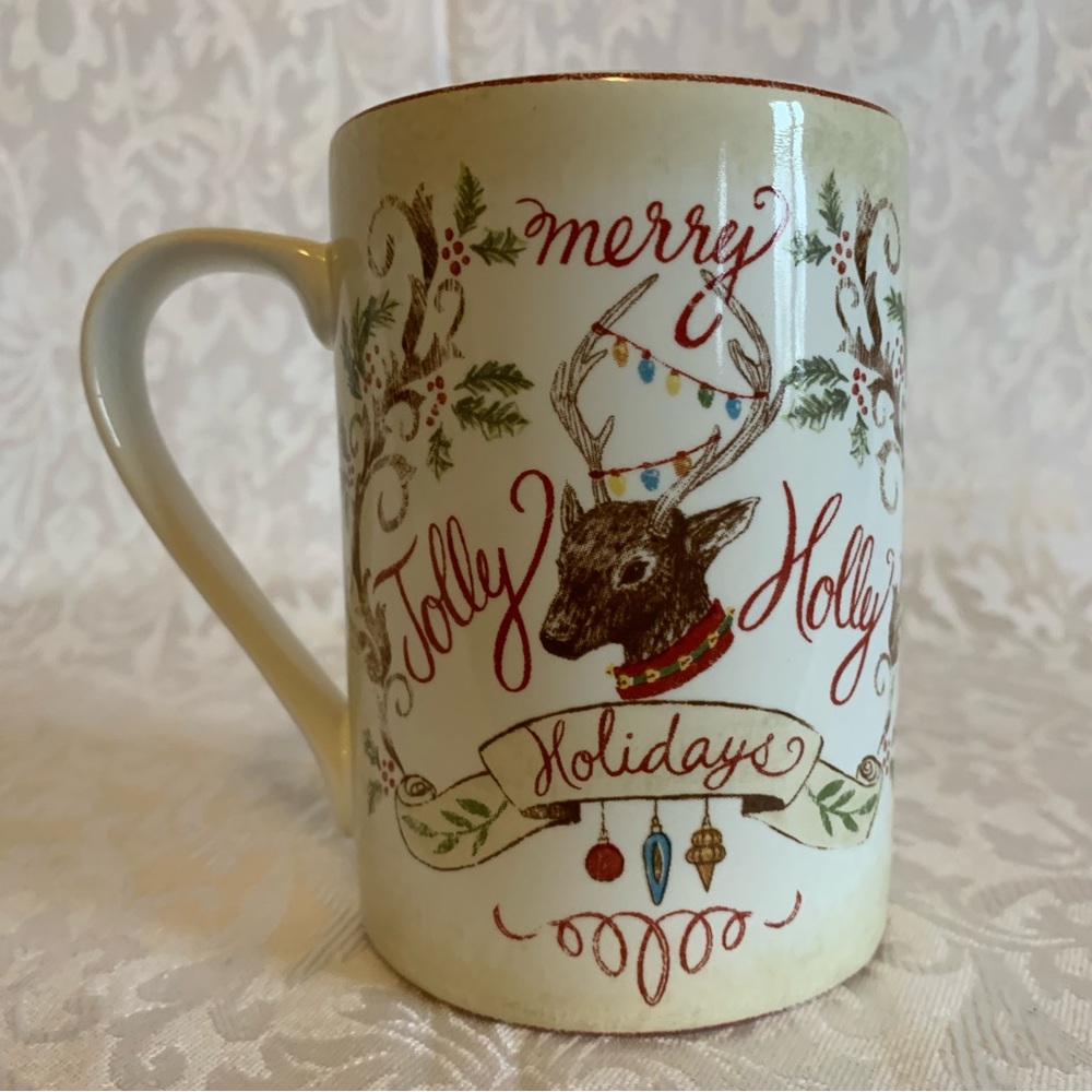 222 Fifth Reindeer Merry Holly Jolly Holiday Christmas Holiday Mug 4" H 12oz